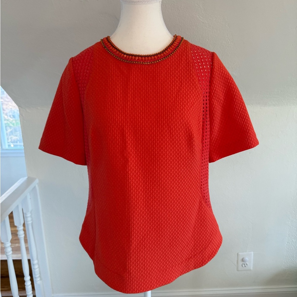Karen Millen Orange Short-Sleeve Beaded-Neck Top Size 8